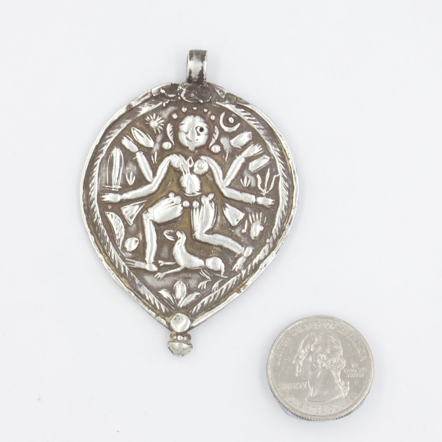 Vintage Antique Tribal Indian Deity Leaf Pendant in 925 Sterling Silver