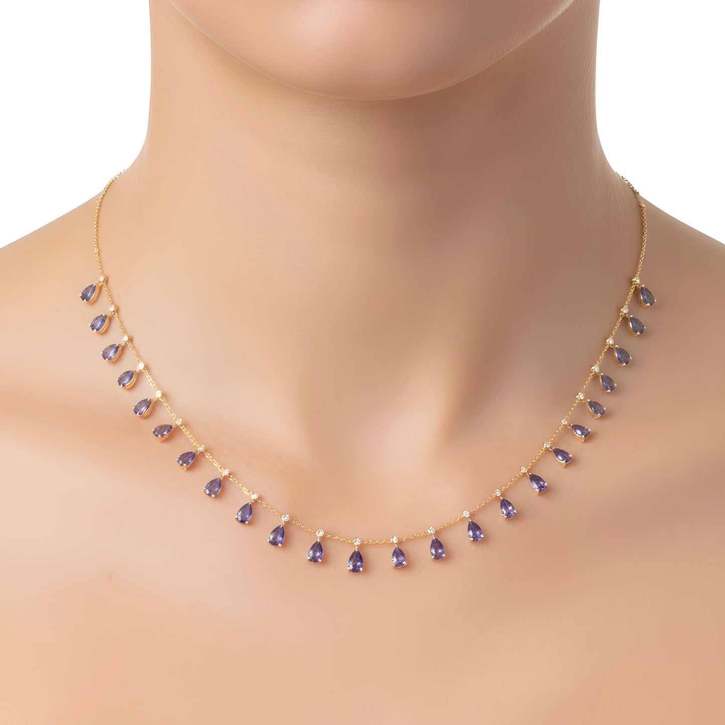 Minimal 6.54 Ct AAA Tanzanite & Diamond Pear Drop Necklace in 18K Yellow Gold