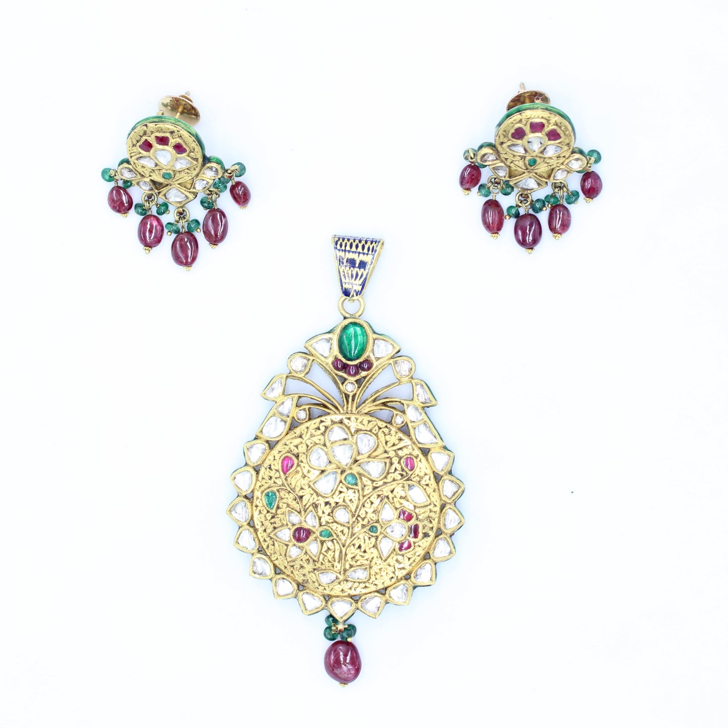 Vintage Indian Kundan Meenakari Work Vilandi Diamond Floral Pendant & Earrings in 22K Yellow Gold