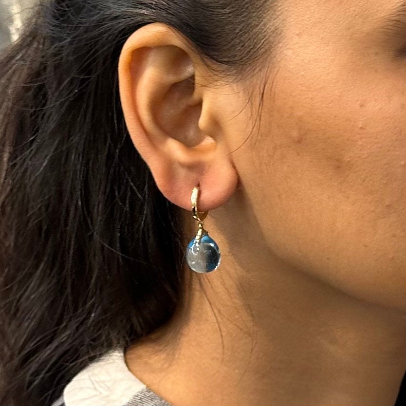 Elegant Minimalist 37 CTW AAA Swiss Blue Topaz and Diamond Drop Earring in 18K Yellow Gold