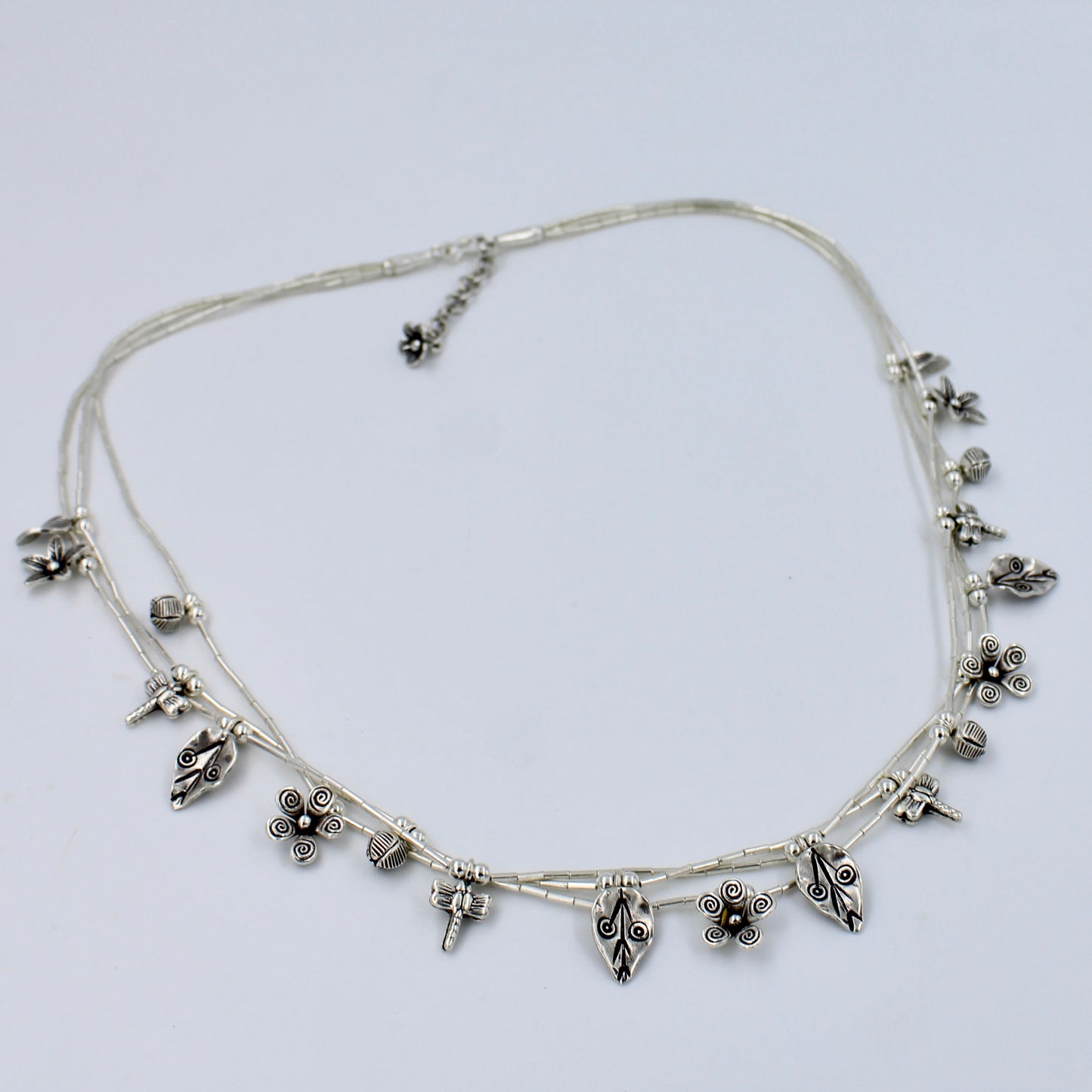 Handmade Indonesian Floral & Butterfly Charm 3 Layered Necklace in Sterling Silver