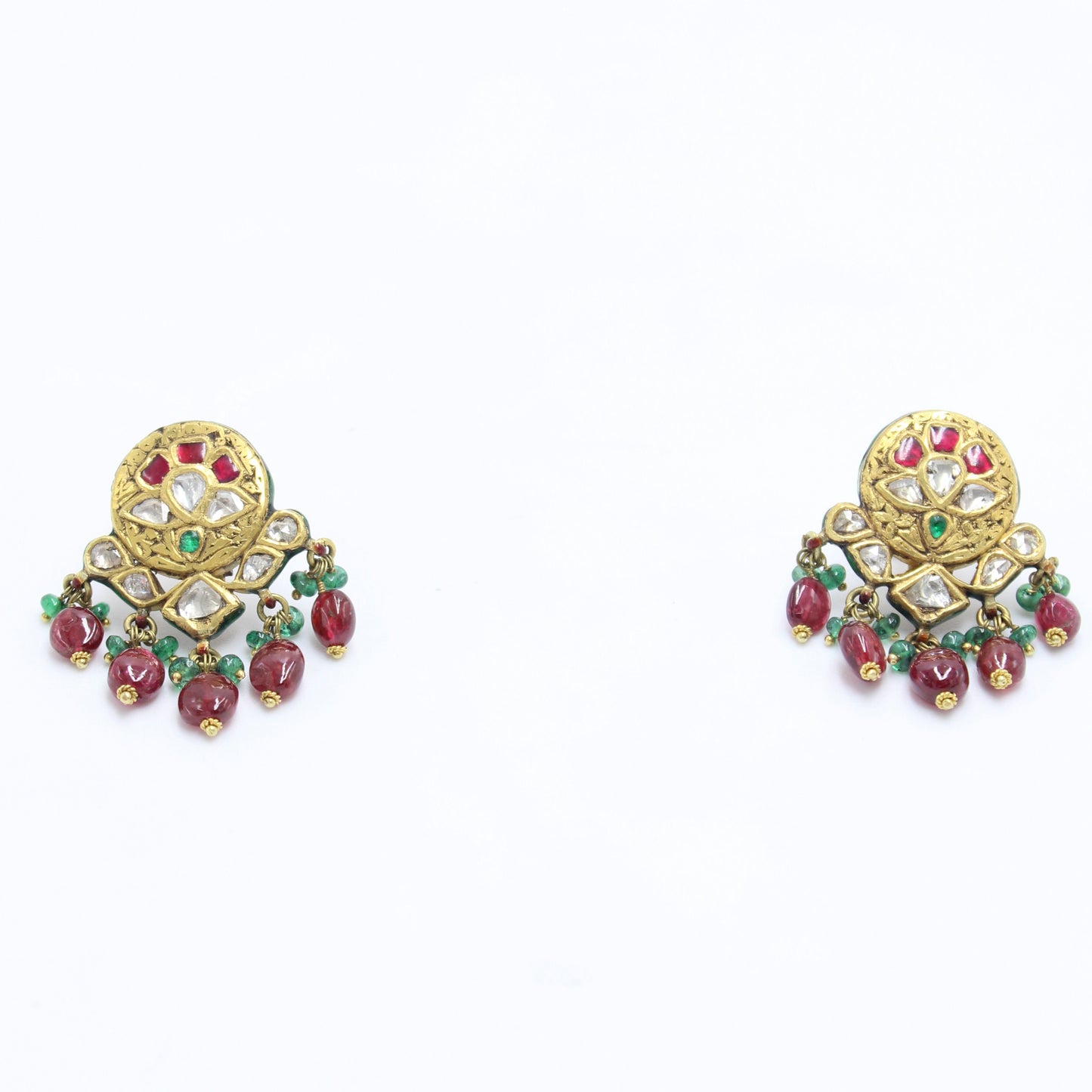 Vintage Indian Kundan Meenakari Work Vilandi Diamond Floral Pendant & Earrings in 22K Yellow Gold