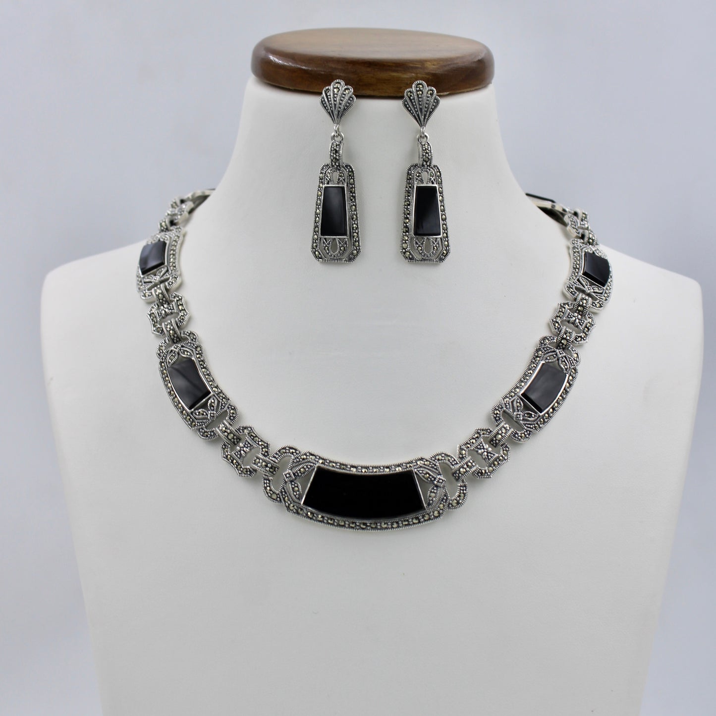 Unique Marcasite & Black Onyx Statement Necklace & Earrings in Sterling Silver