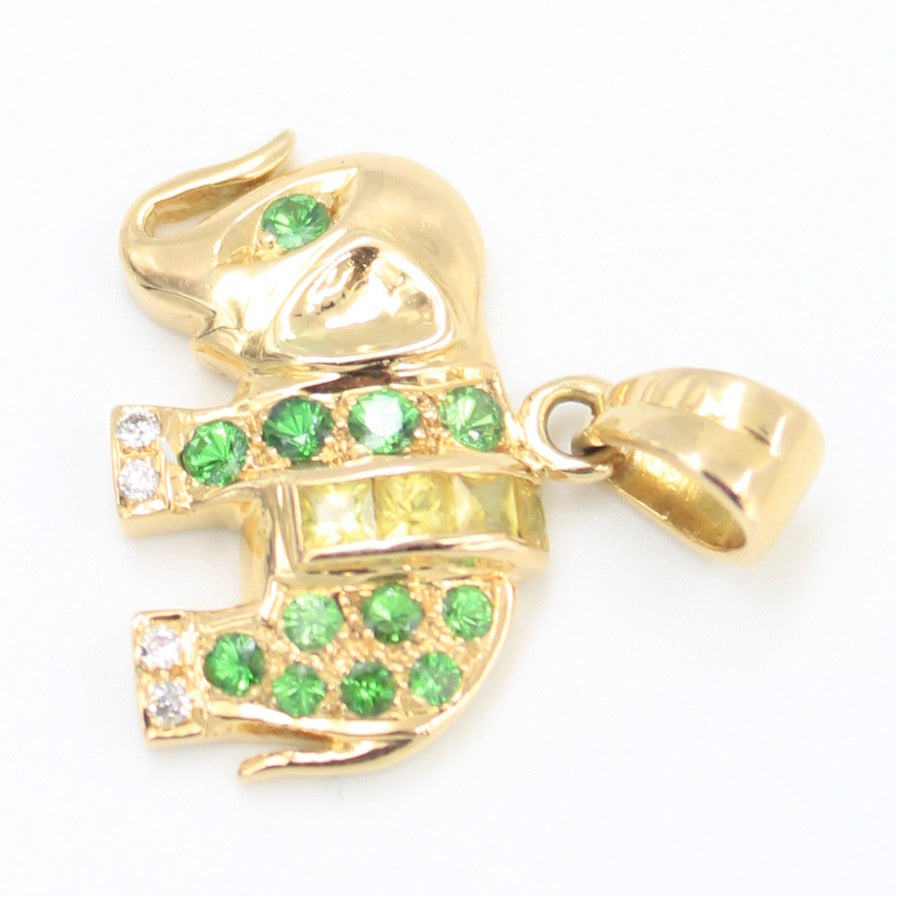 Minimalist 0.70 TCW Tsavorite, Yellow Sapphire & Diamond Elephant Pendant in 18K Gold
