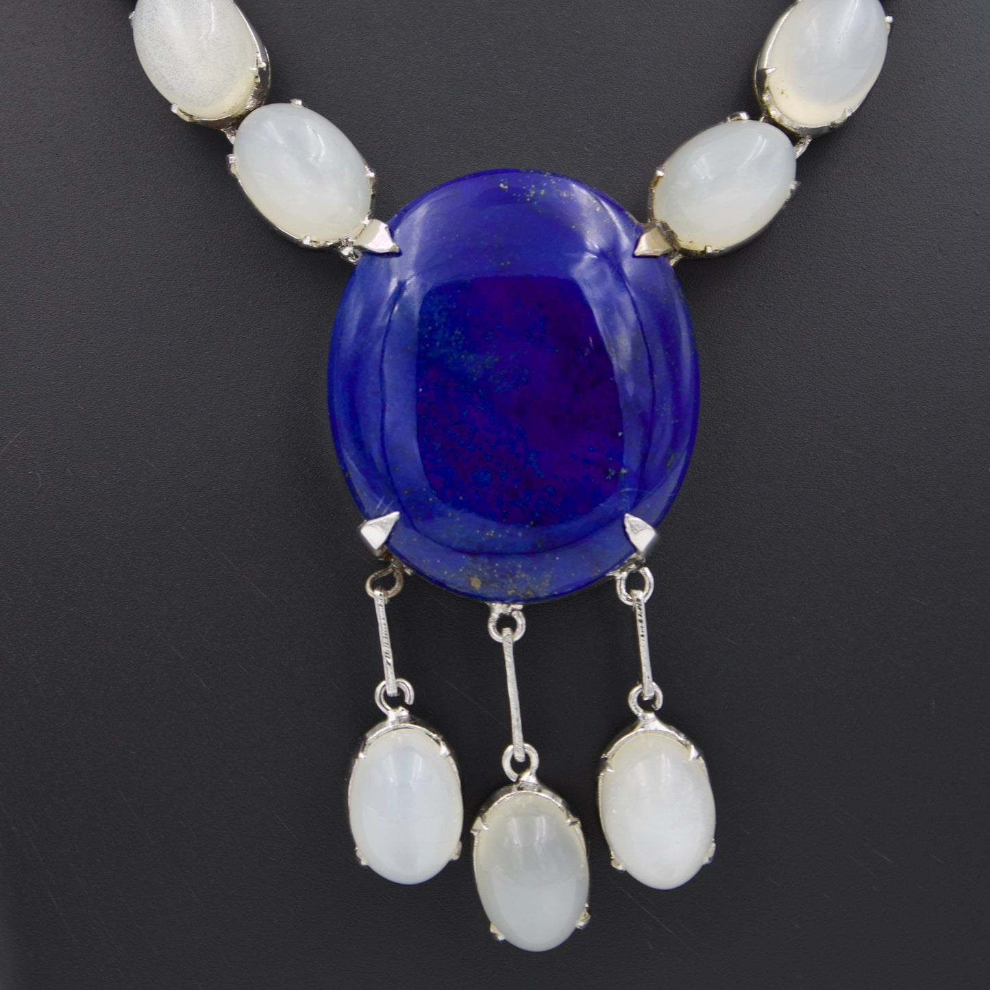 Vintage Art Deco Lapis Lazuli and Moonstone Statement Necklace Earrings and Ring in Sterling Silver