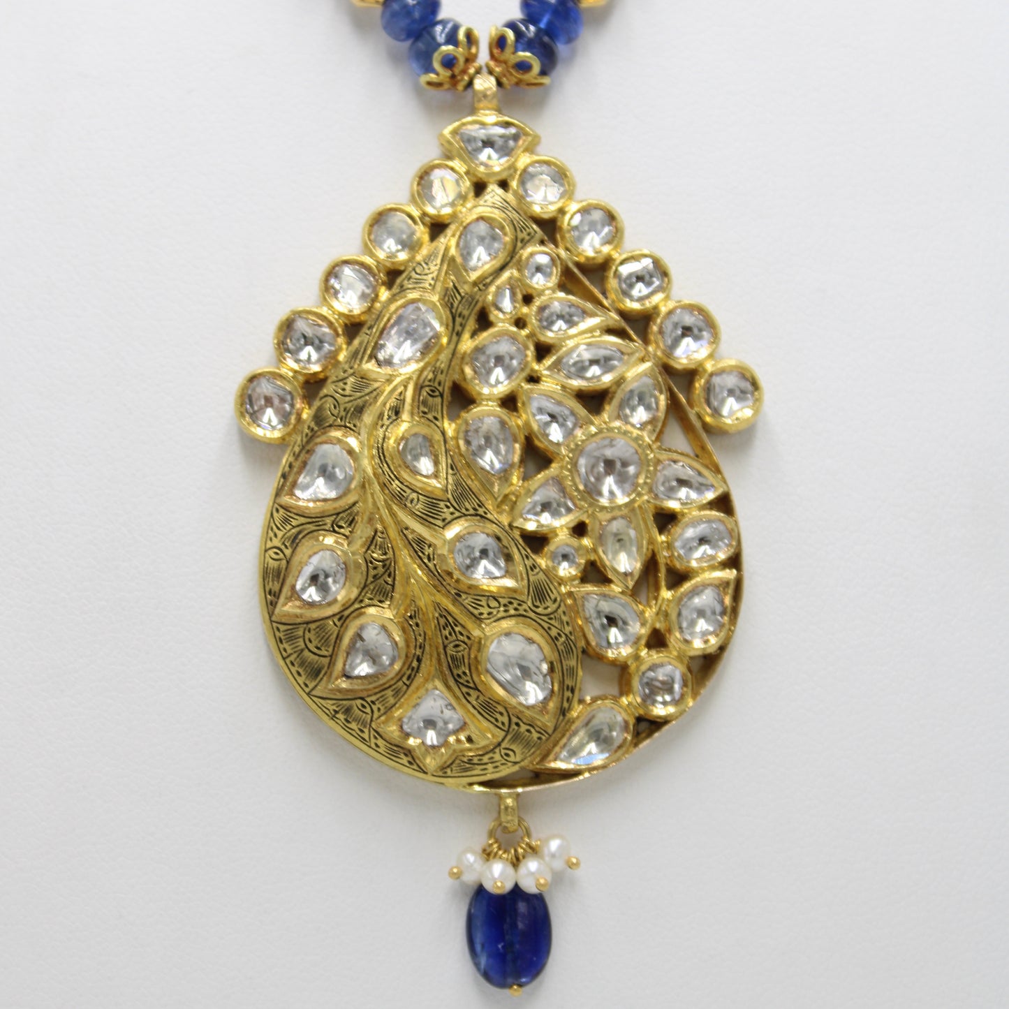 Vintage Natural Polki Diamond & Kyanite Kundan Necklace & Earrings in 22K Gold