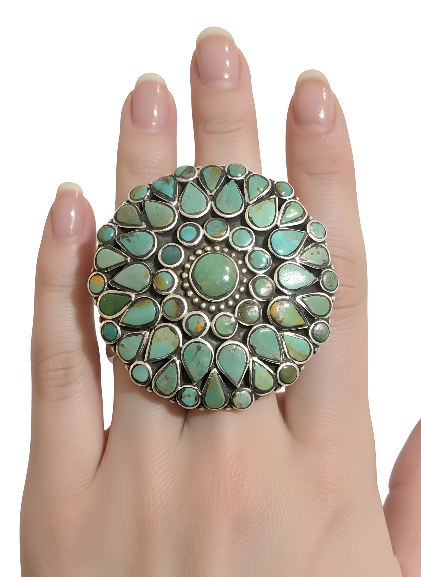 Vintage Tibetan Natural Turquoise Cocktail Ring in Sterling Silver