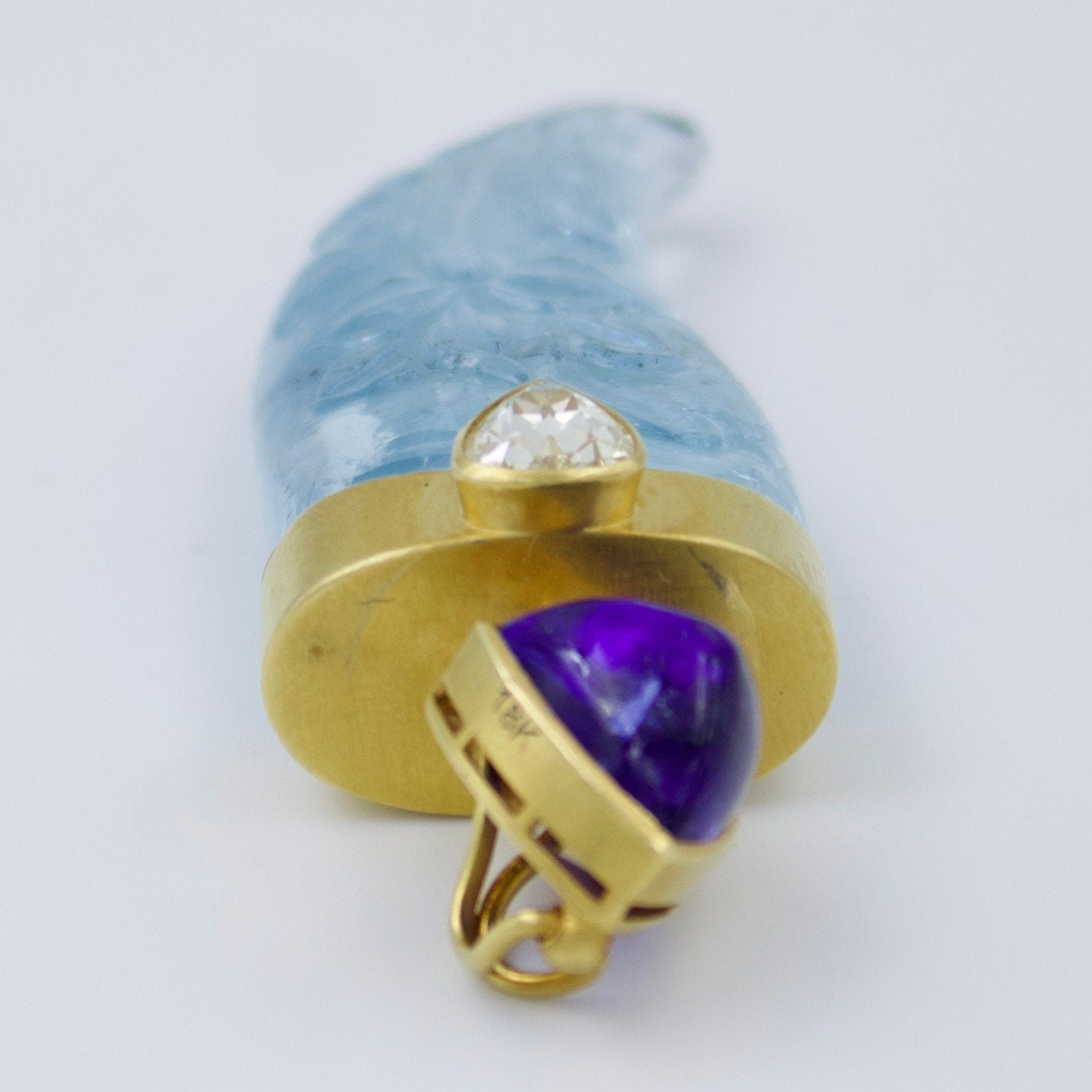 AQUAMARINE PENDANT I Carved Aquamarine Tanzanite & Diamond Nail Pendant 18K | Tiger Nail Pendant | Tanzanite Pendant | Floral Motif Pendant