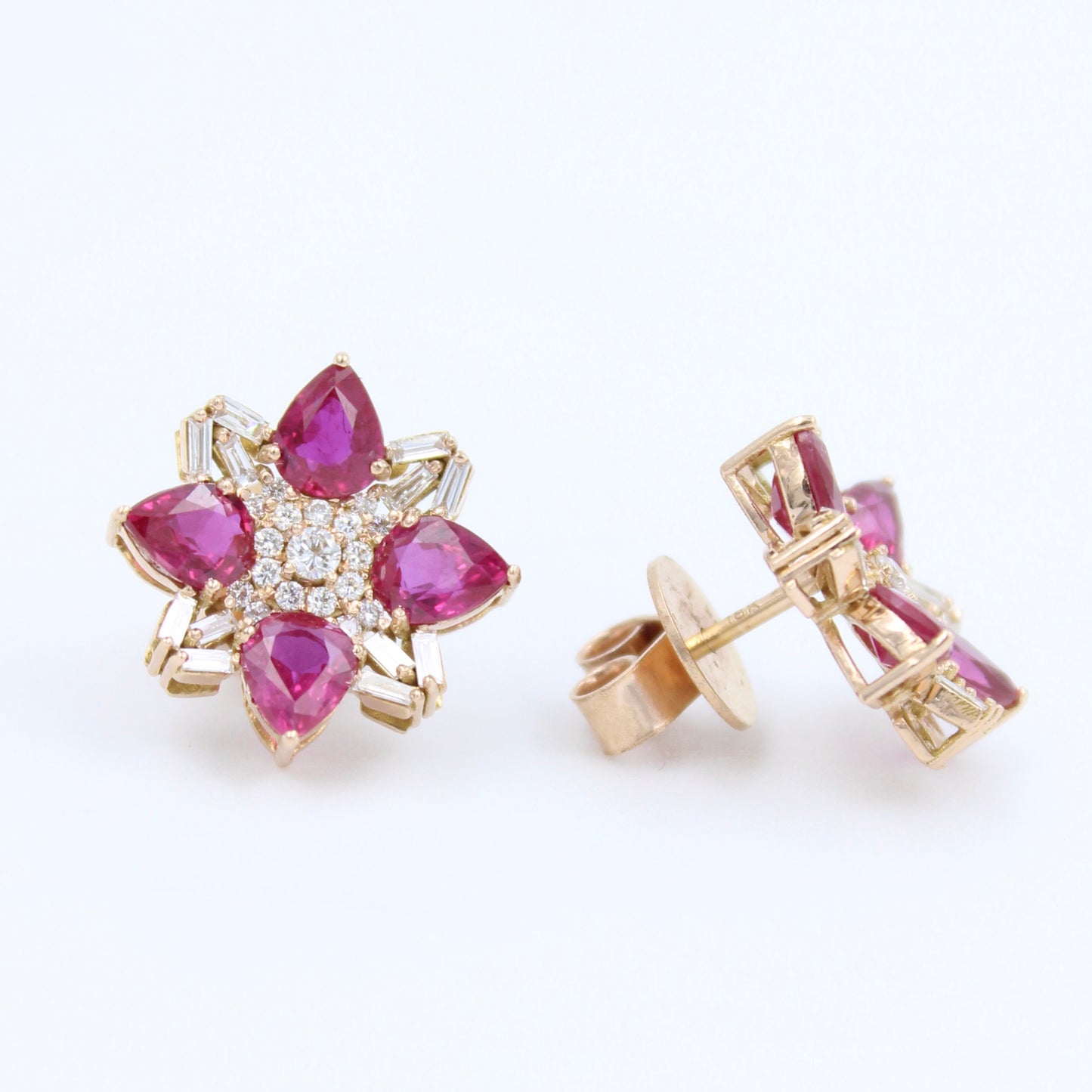 Unique AAA 3.64 Ct Natural Untreated Ruby & Diamond Stud Earrings in 18K Rose Gold