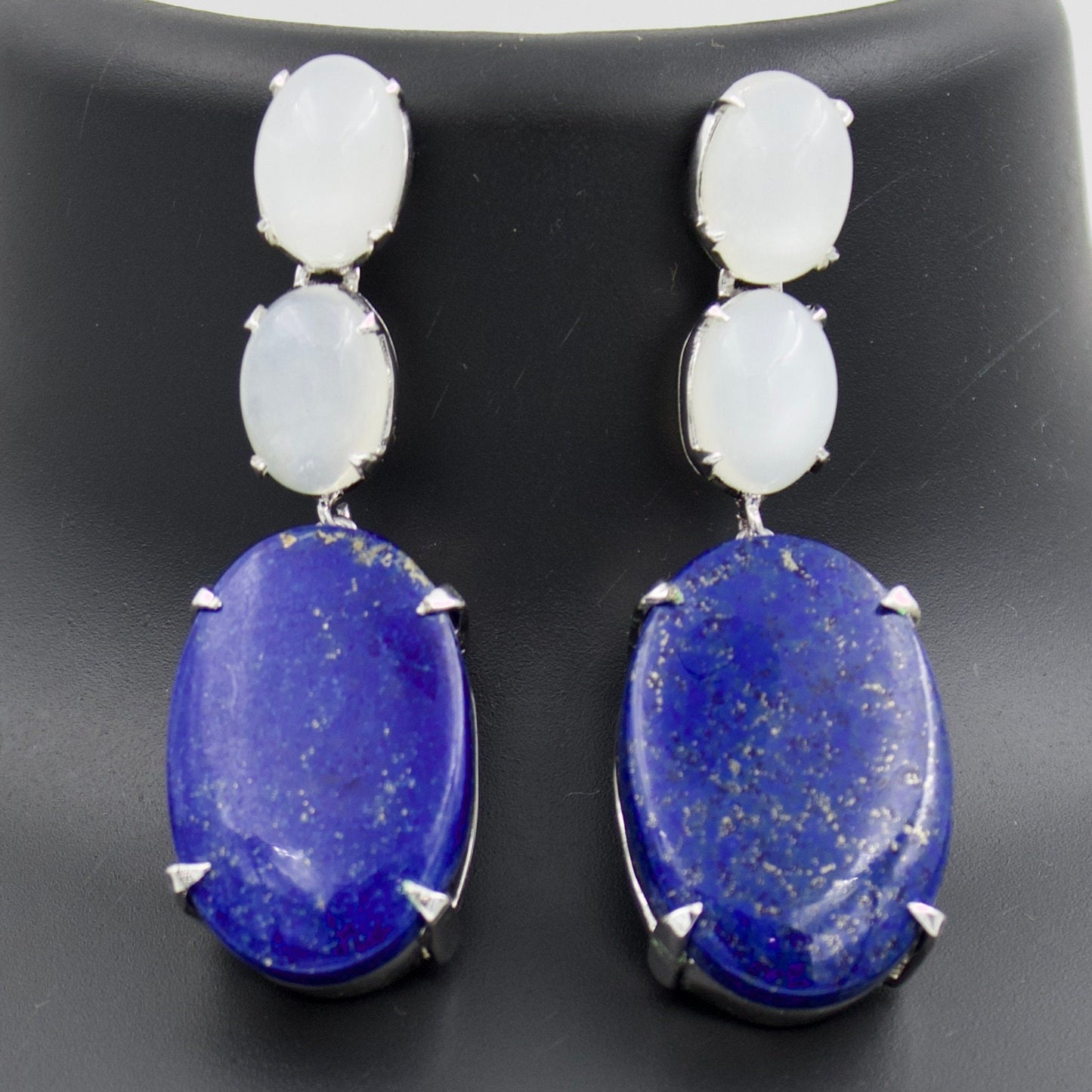 Vintage Art Deco Lapis Lazuli and Moonstone Statement Necklace Earrings and Ring in Sterling Silver