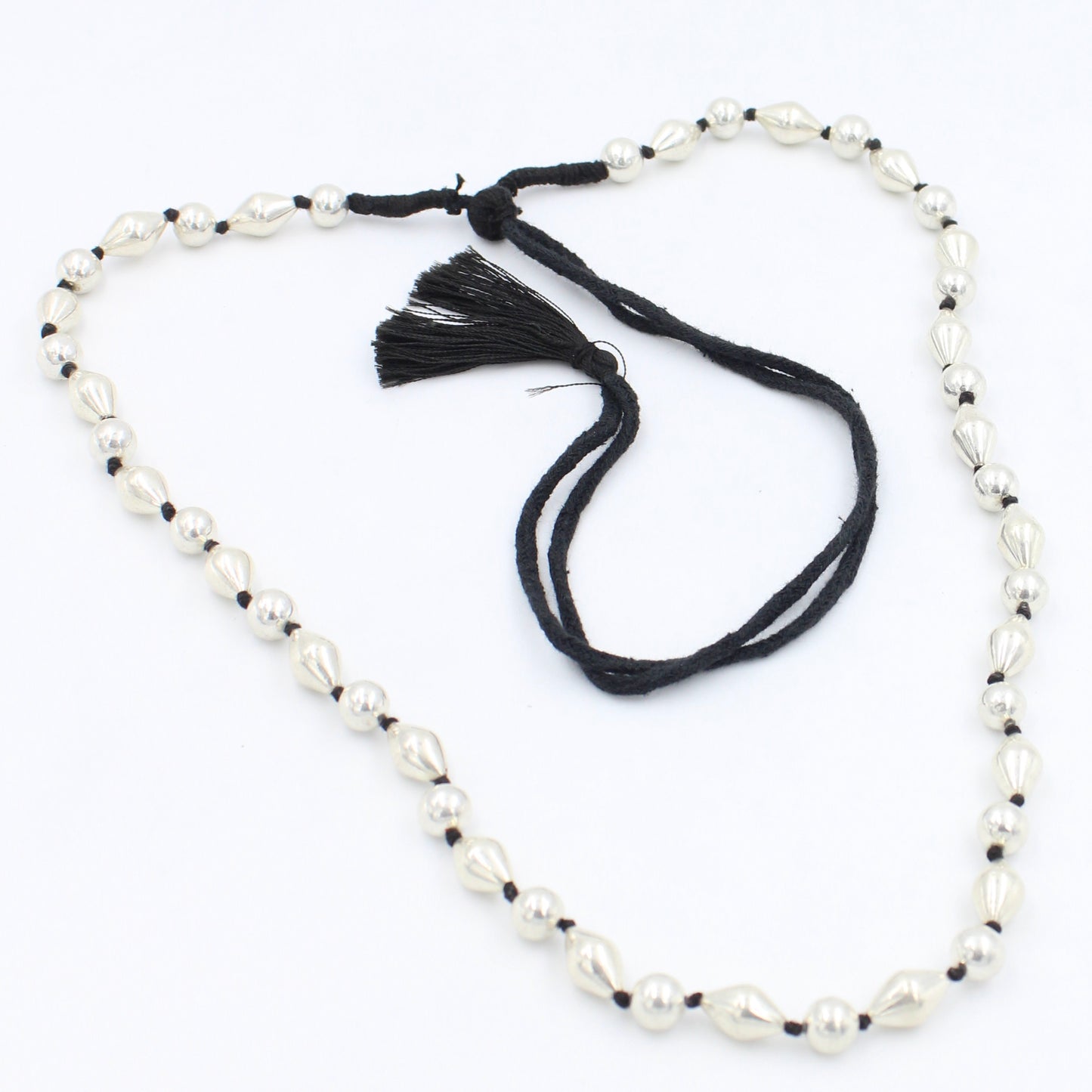 Vintage Long Silver Balls Beaded Necklace with Adjustable Thread