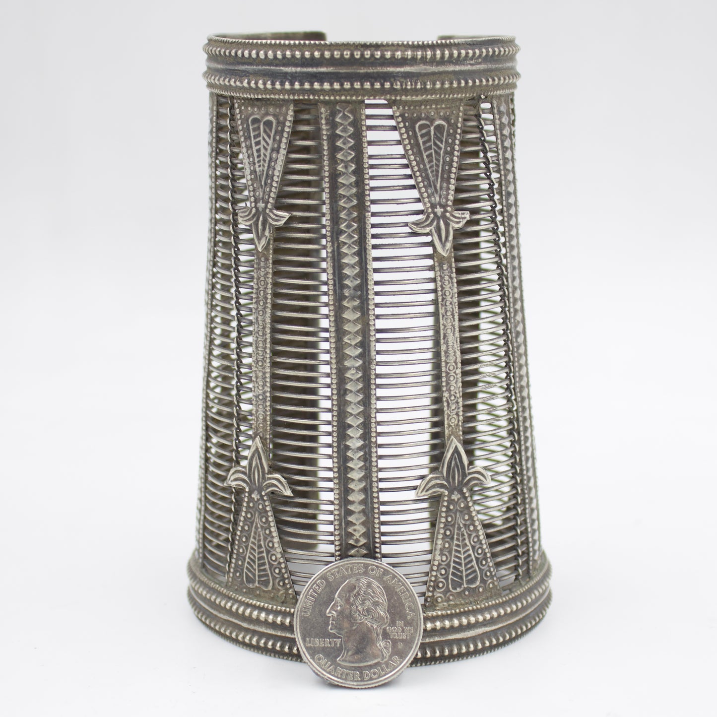 Antique Indian Tribal Etched Mesh Work Broad Cuff Bracelet in Sterling Silver