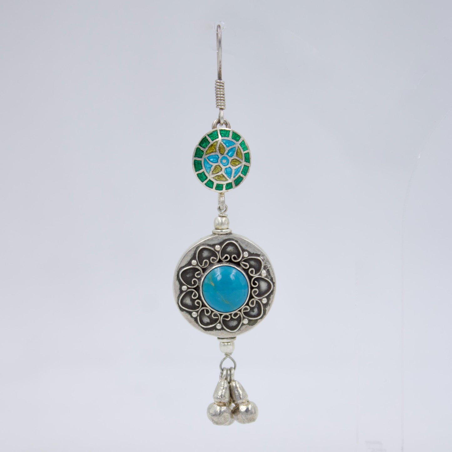 Handmade Enamel and Turquoise Floral Statement Drop Earrings in Sterling Silver