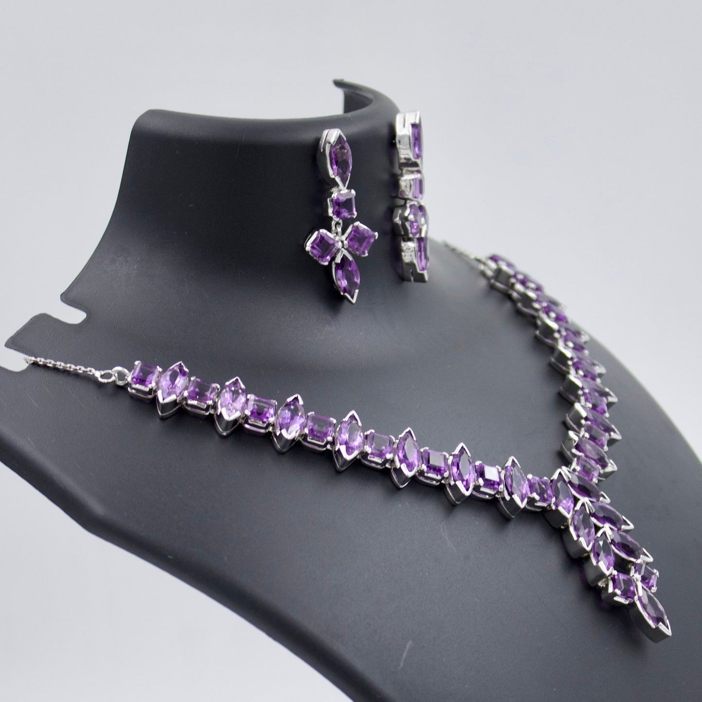 Vintage AAA 45 TCW Amethyst Statement Necklace , Drop Earrings & Ring in Sterling Silver