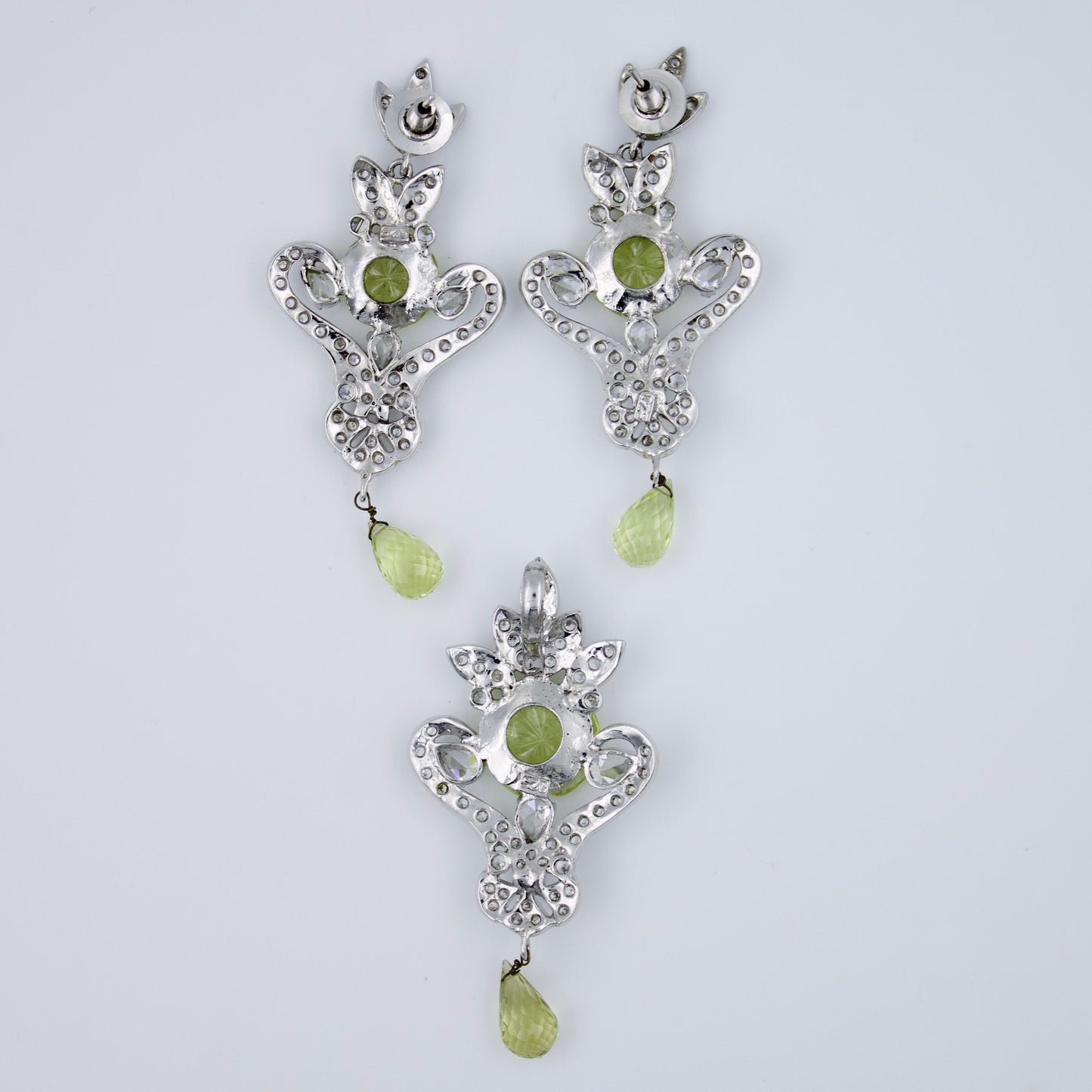 Vintage Floral Carved Lemon Topaz & CZ Pendant and Earring Set in Sterling Silver