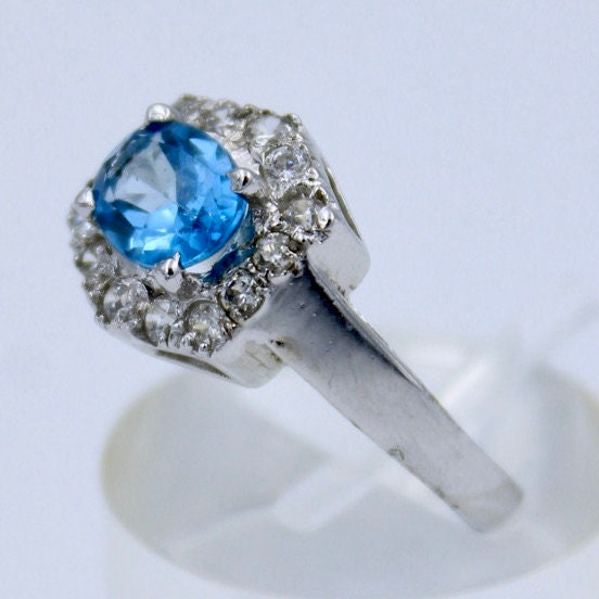 Vintage Swiss Blue Topaz & CZ Statement Necklace Earring and Ring in Sterling Silver