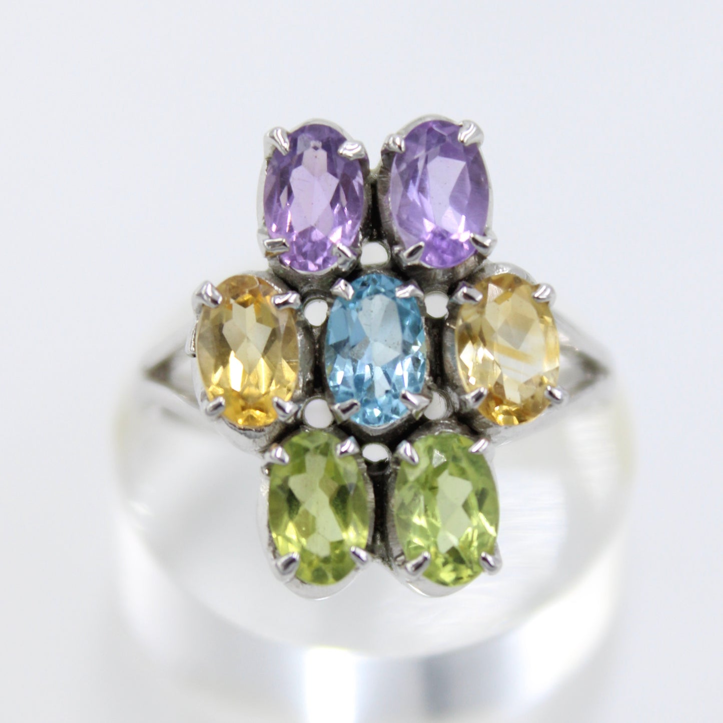 Natural AAA 86.75 Ct Peridot, Citrine, Amethyst, Blue Topaz Sterling Silver Necklace, Earring & Ring Set