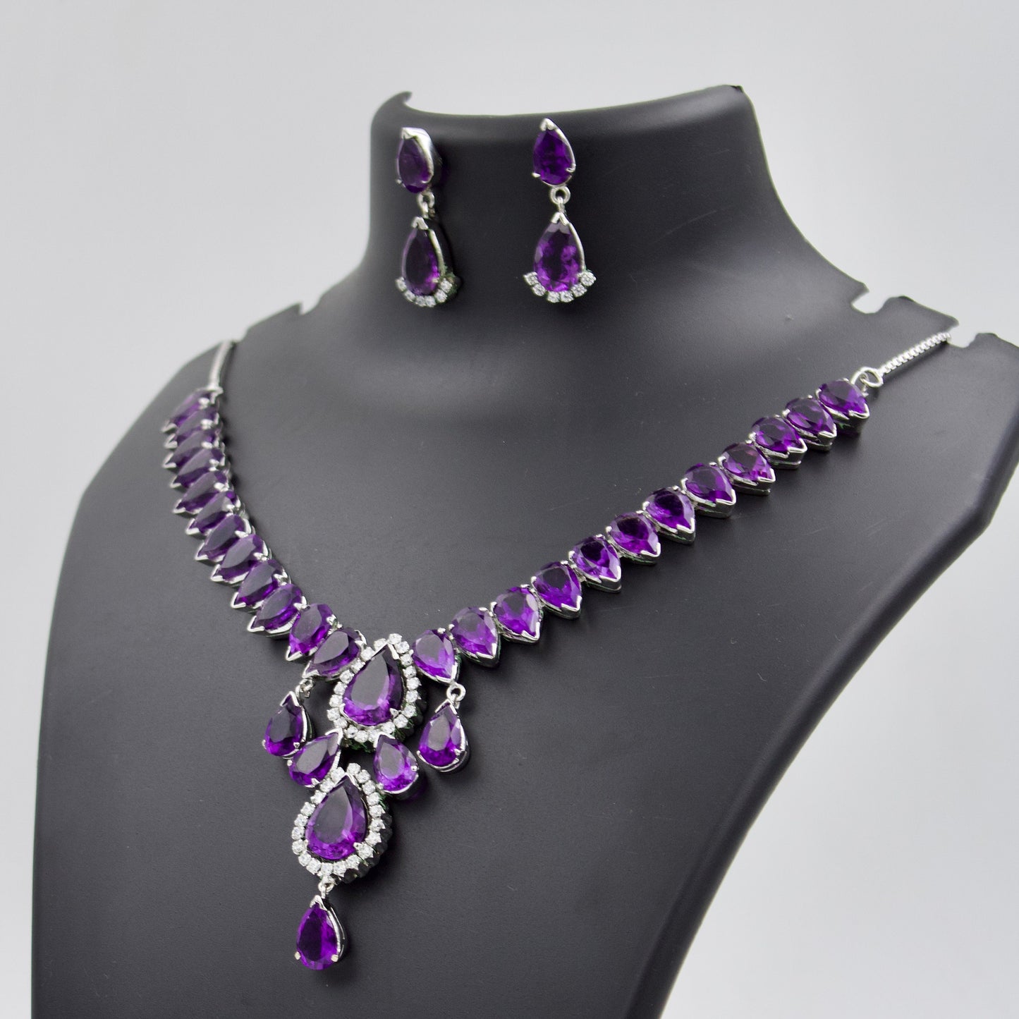 Vintage AAA Royal Purple 80 Ct Amethyst & CZ Statement Necklace, Drop Earrings, and Ring in Sterling Silver, February