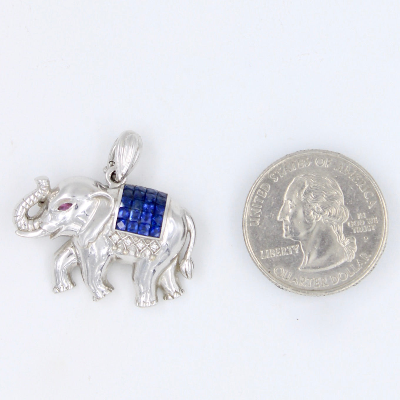 Handmade 1.93 TCW Natural Sapphire Elephant Pendant / Brooch Pin in 18K White Gold