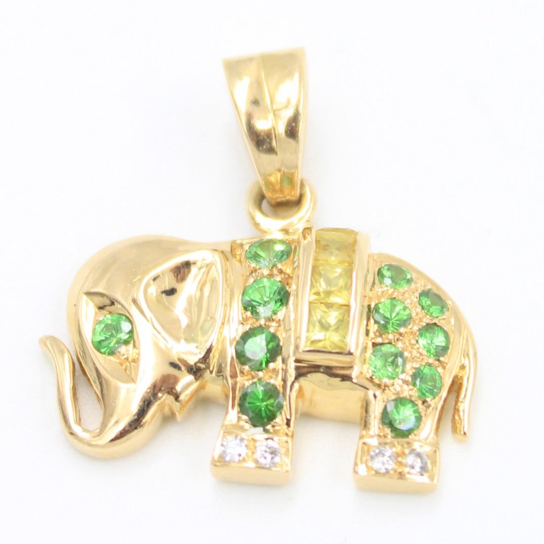 Minimalist 0.70 TCW Tsavorite, Yellow Sapphire & Diamond Elephant Pendant in 18K Gold