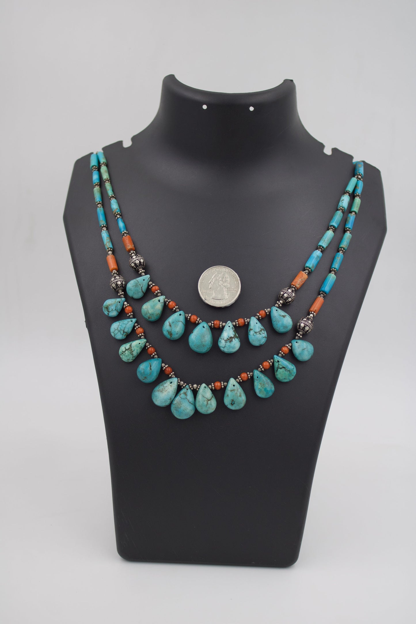 Tibetan Natural Turquoise & Coral 2 Strand Necklace