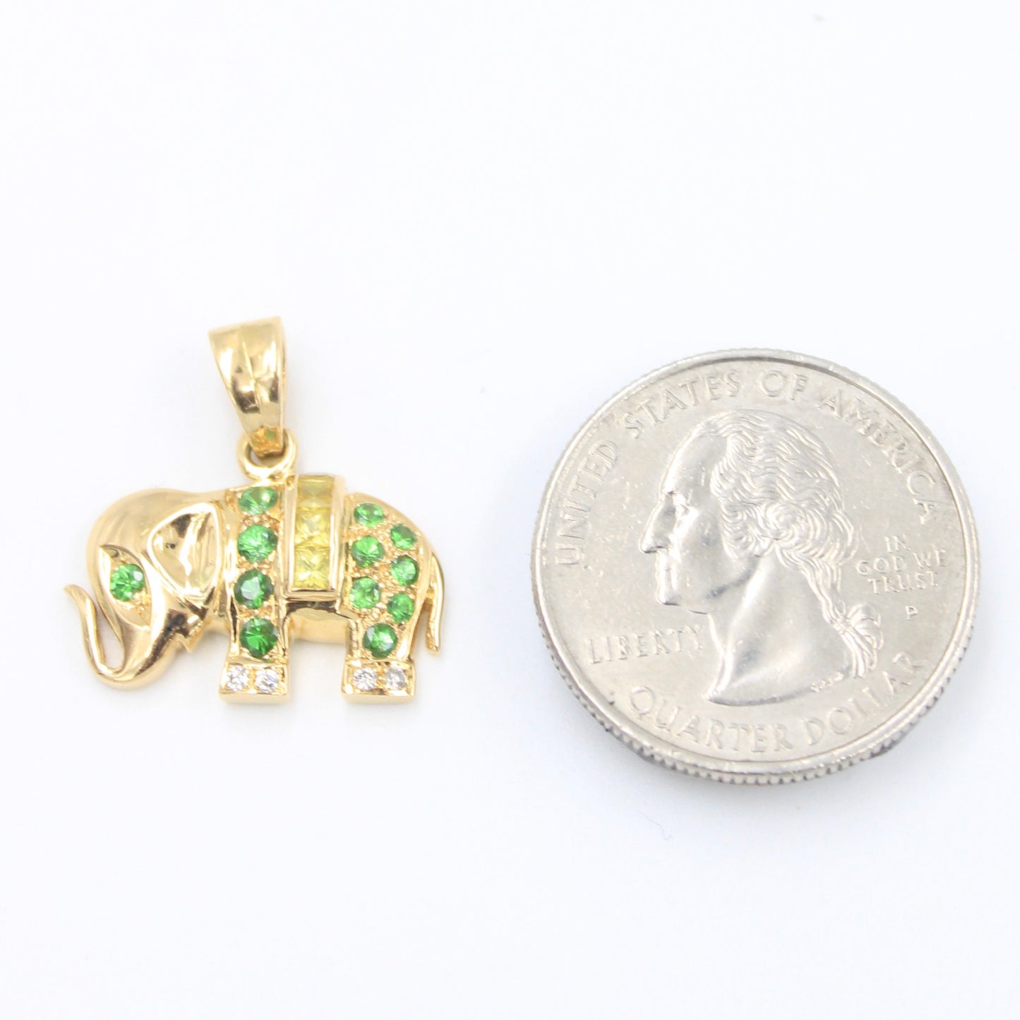 Minimalist 0.70 TCW Tsavorite, Yellow Sapphire & Diamond Elephant Pendant in 18K Gold
