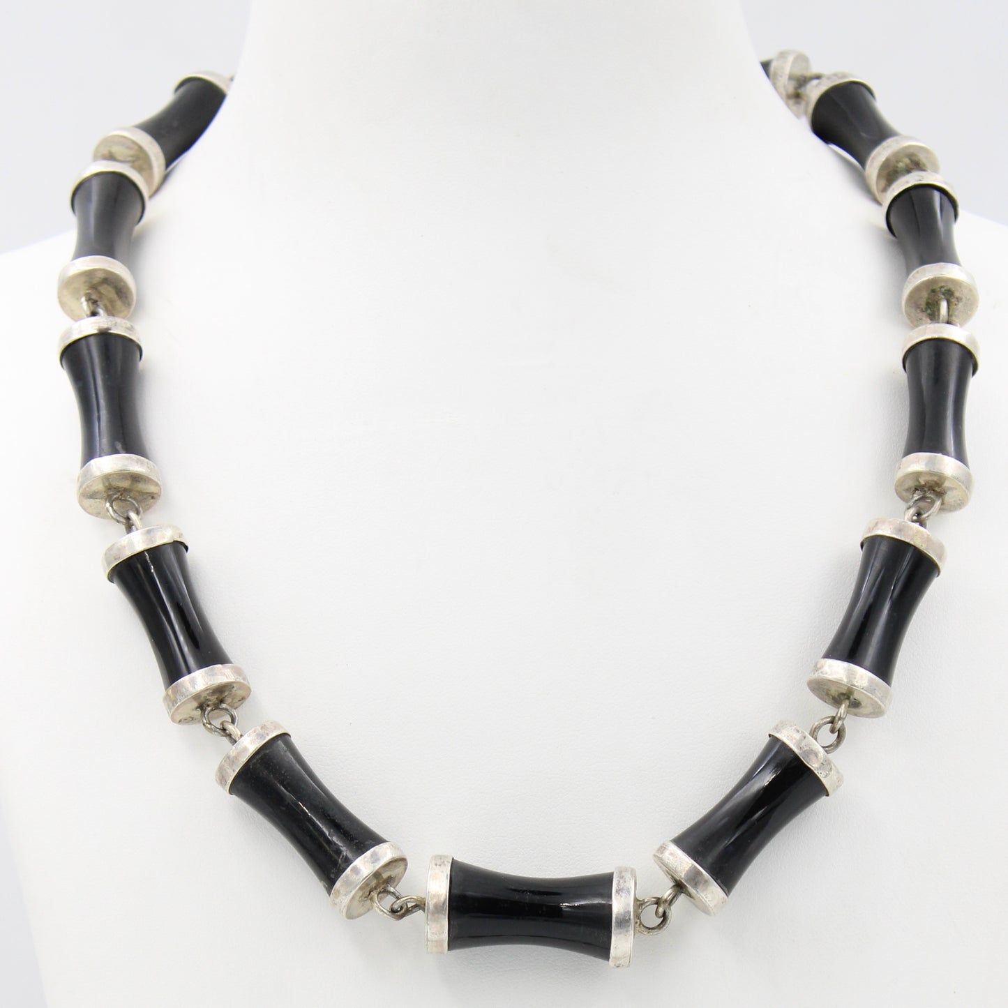 Vintage Natural Black Onyx Bamboo Bead Necklace in Sterling Silver