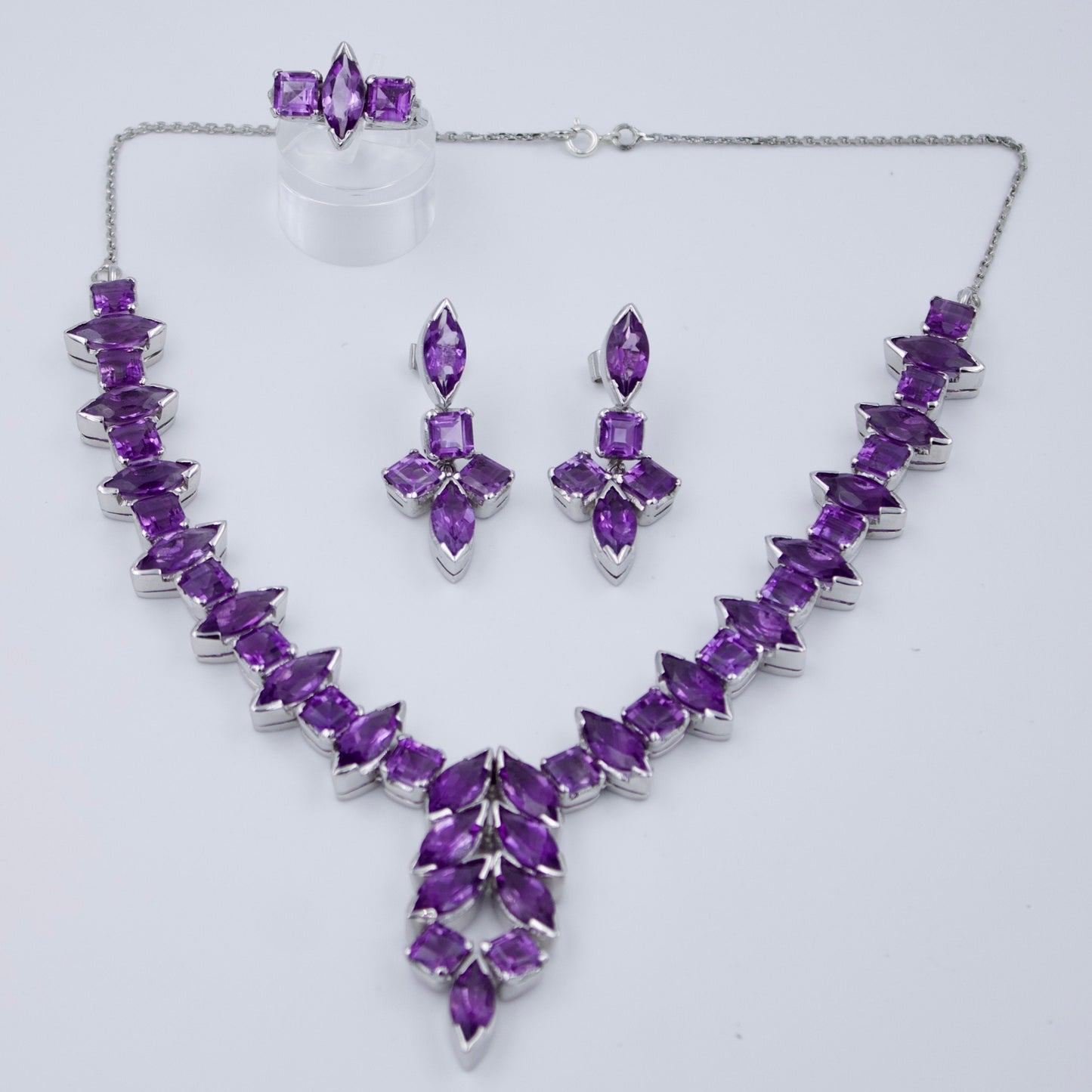 Vintage AAA 45 TCW Amethyst Statement Necklace , Drop Earrings & Ring in Sterling Silver