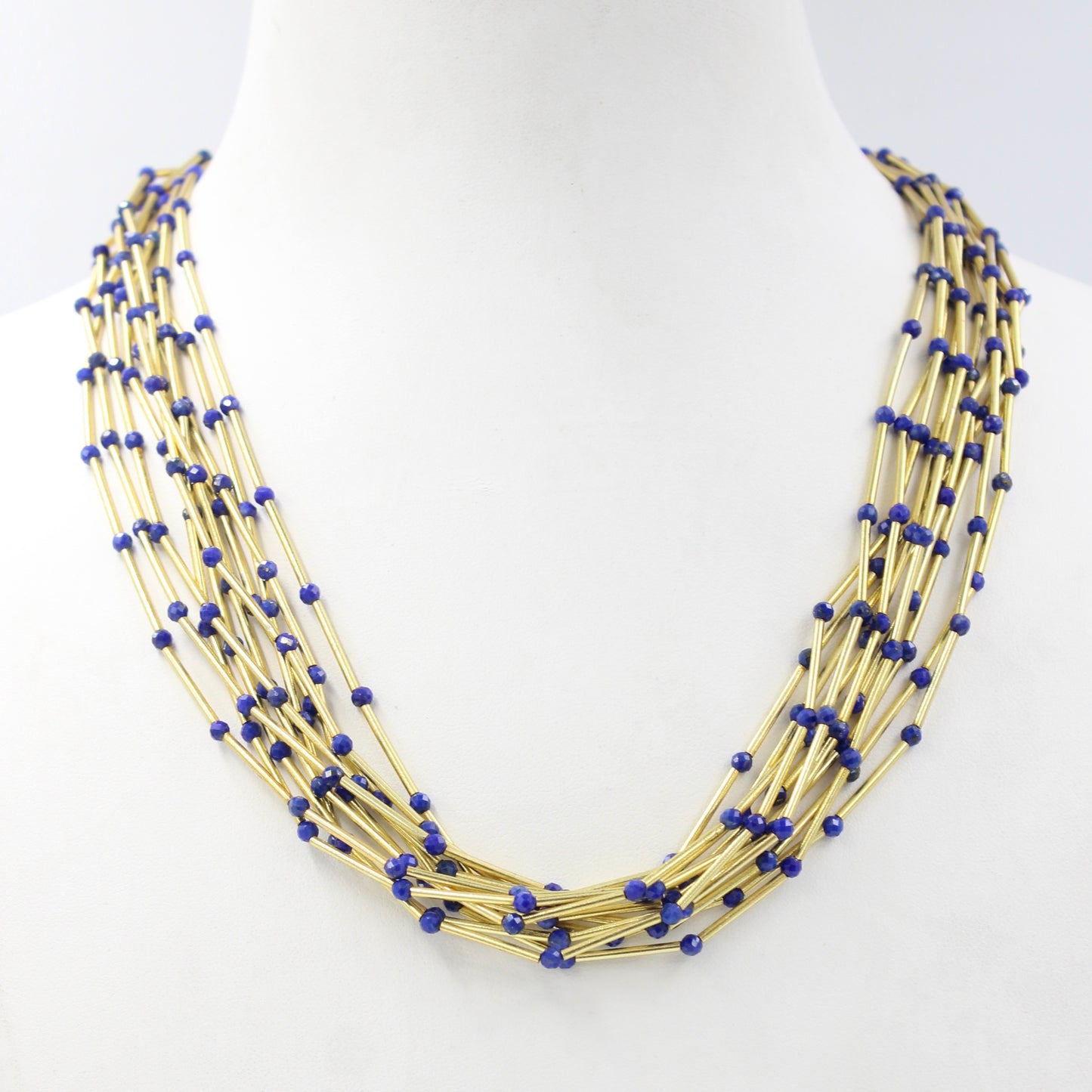 Handmade AAA Lapis Lazuli Beaded 11 Strand Necklace Gold Plated Sterling Silver