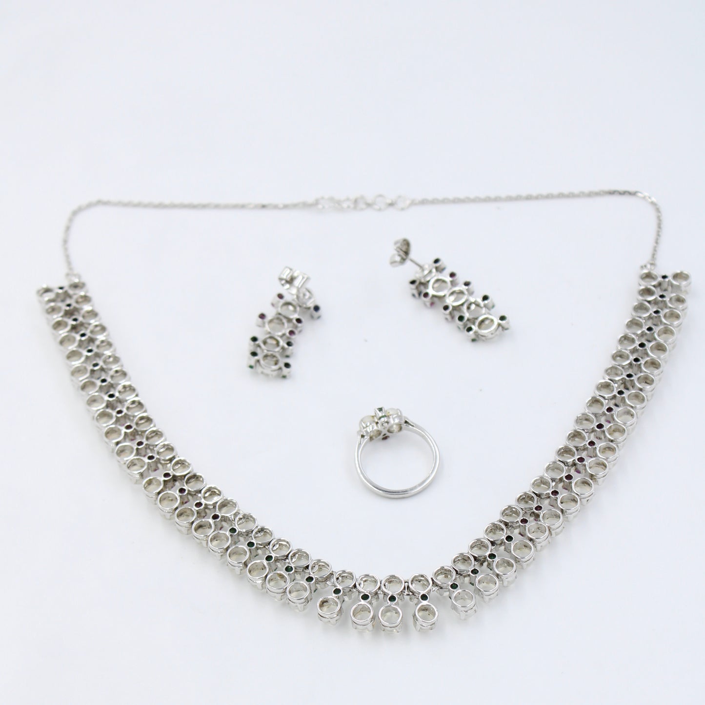 43.4 Ct AAA Natural Moonstone, Emerald, Pink & Blue Sapphire Silver Necklace, Earring & Ring Set