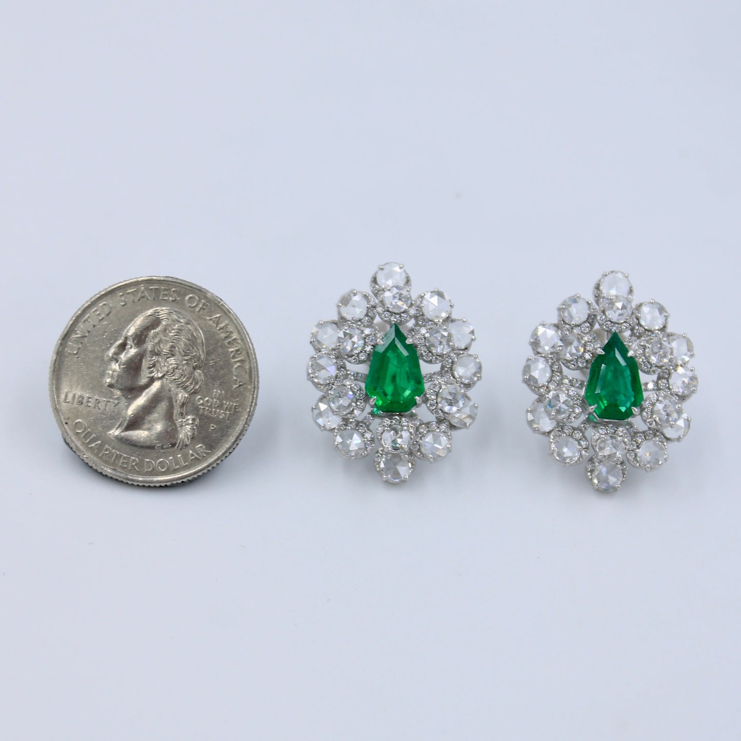 Statement 7.38 TCW AAA Natural Emerald & Rose Cut Diamond Halo Stud Earrings