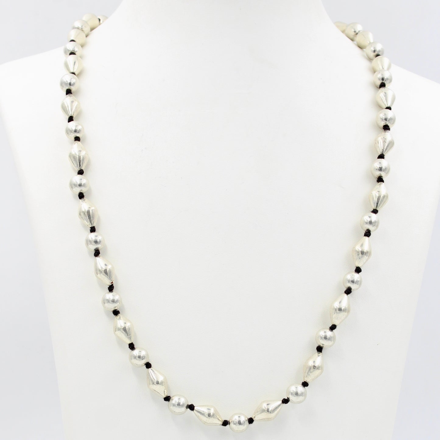 Vintage Long Silver Balls Beaded Necklace with Adjustable Thread
