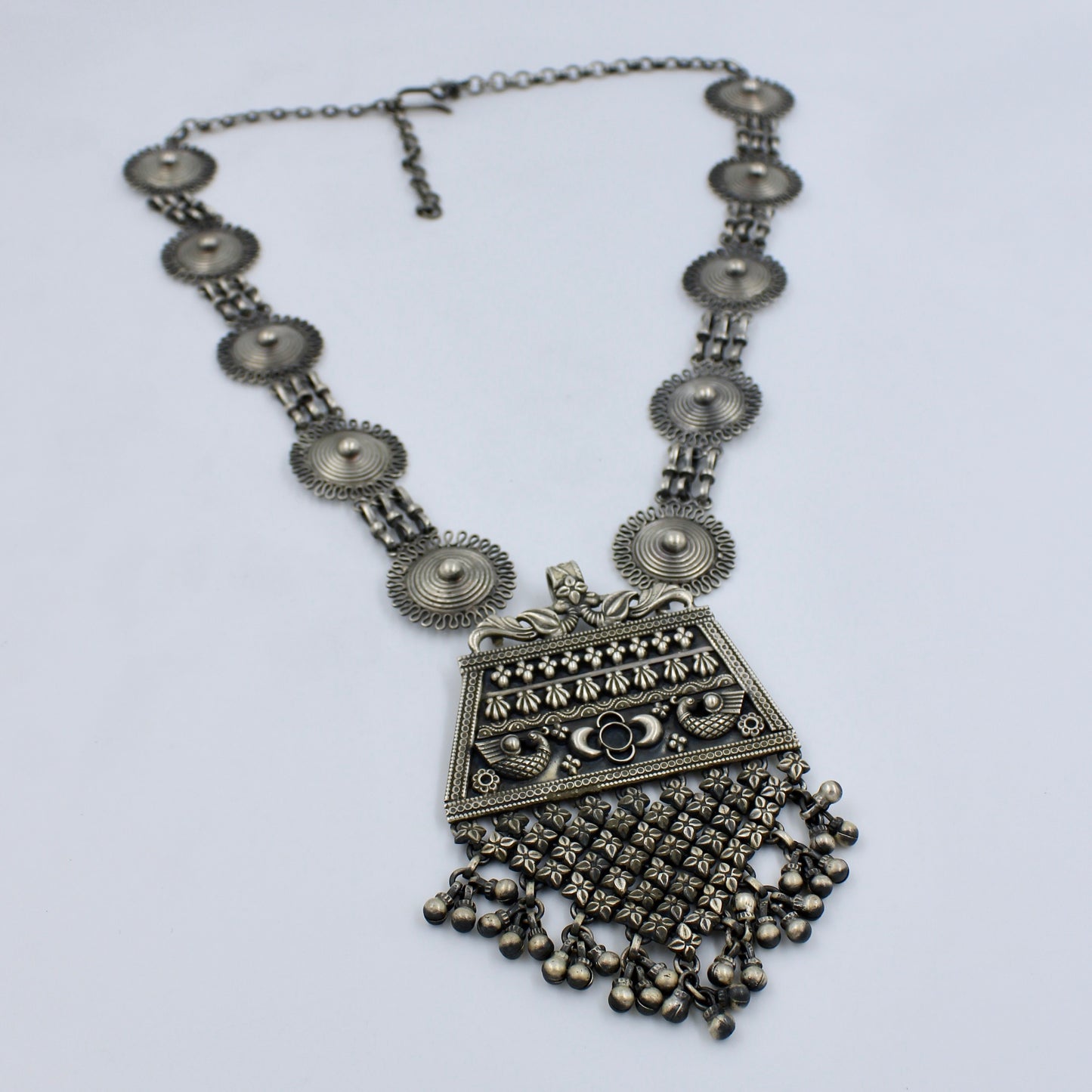 Handmade Indian Tribal Statement Peacock Pendant Necklace in Sterling Silver
