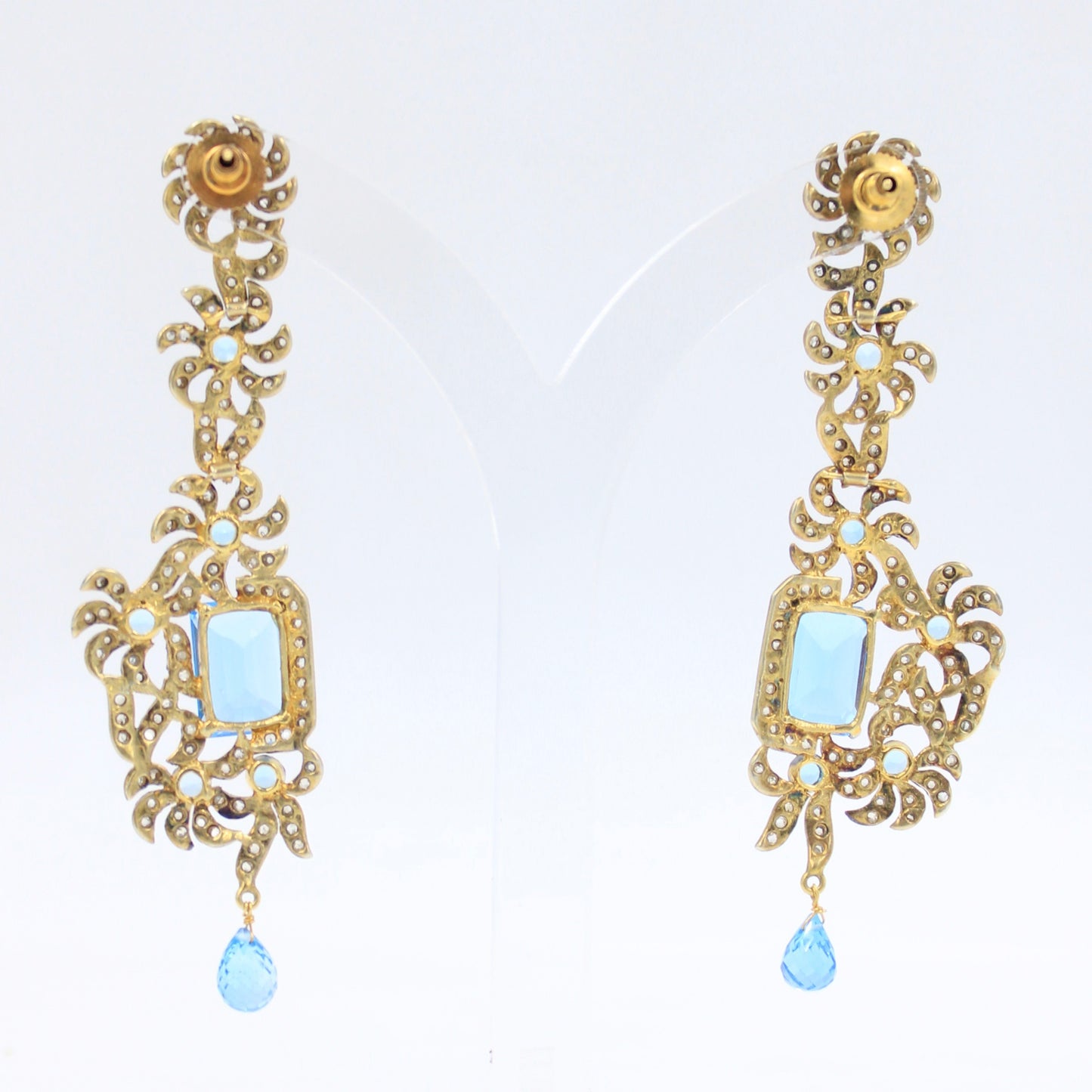 Victorian 27.52 TCW Blue Topaz and Diamond Drop Earrings in 14K Gold and Sterling Silver