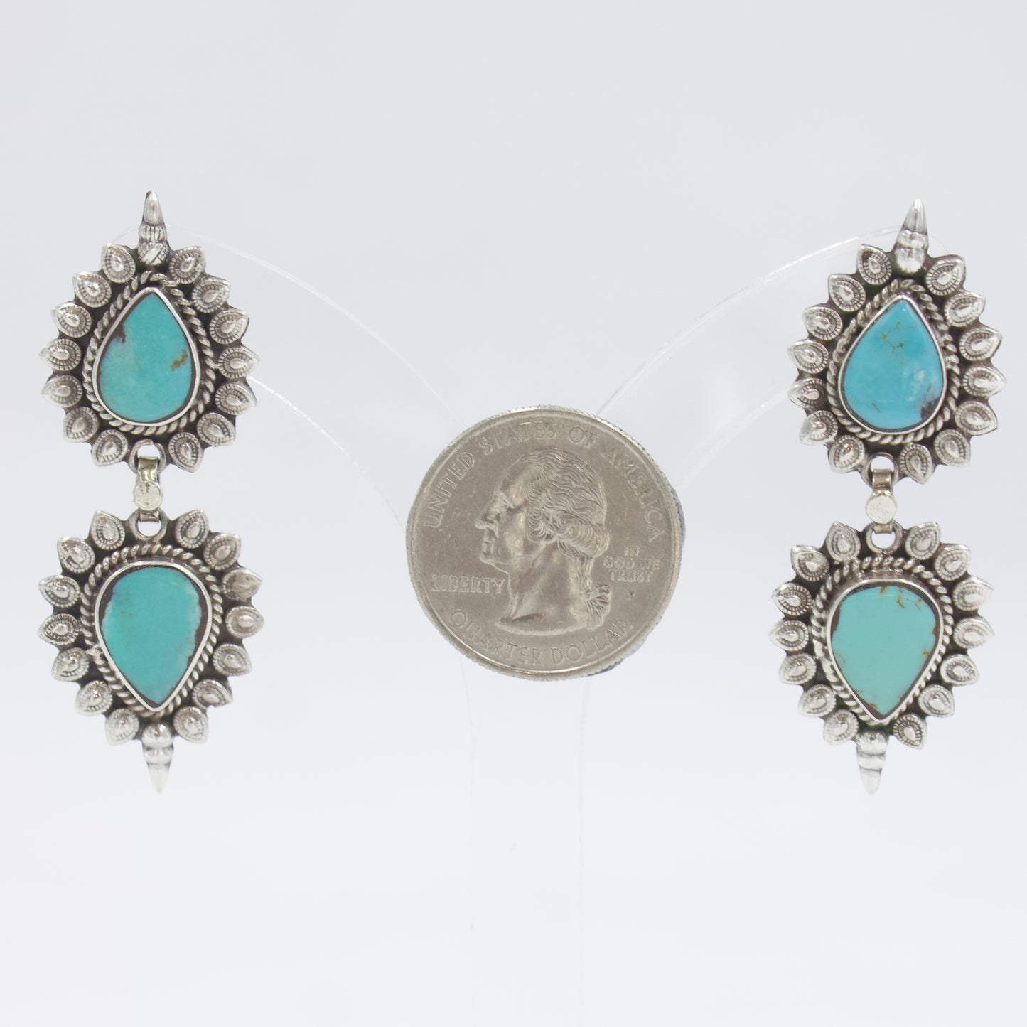 Vintage Turquoise Two-Tier Statement Drop Earrings In 925 Sterling Silver