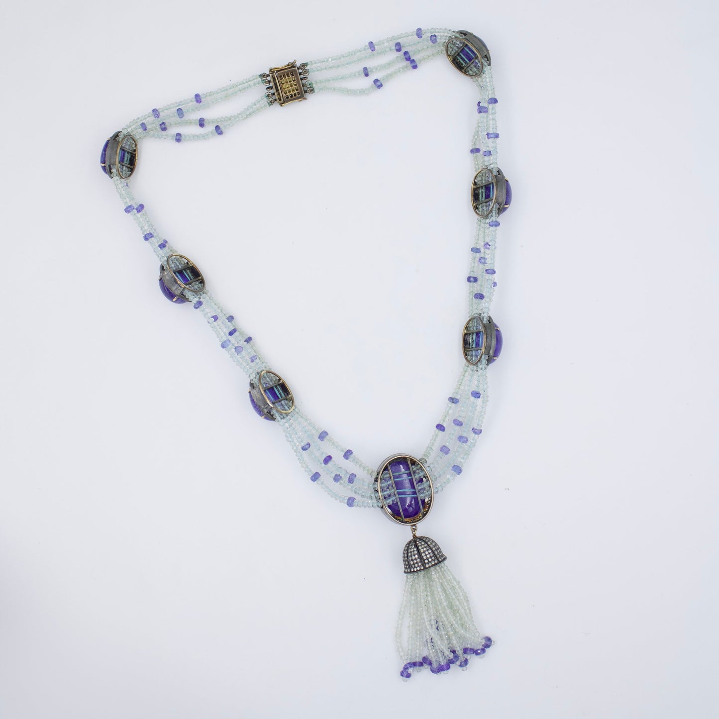 Victorian Tanzanite Aquamarine & Diamond Statement Tassel Necklace in 14K Gold and Sterling Silver