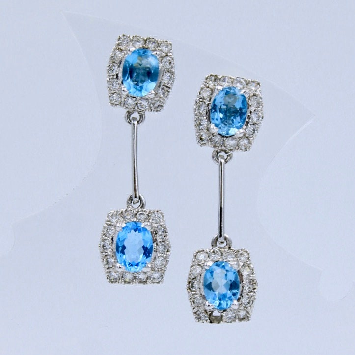 Vintage Swiss Blue Topaz & CZ Statement Necklace Earring and Ring in Sterling Silver