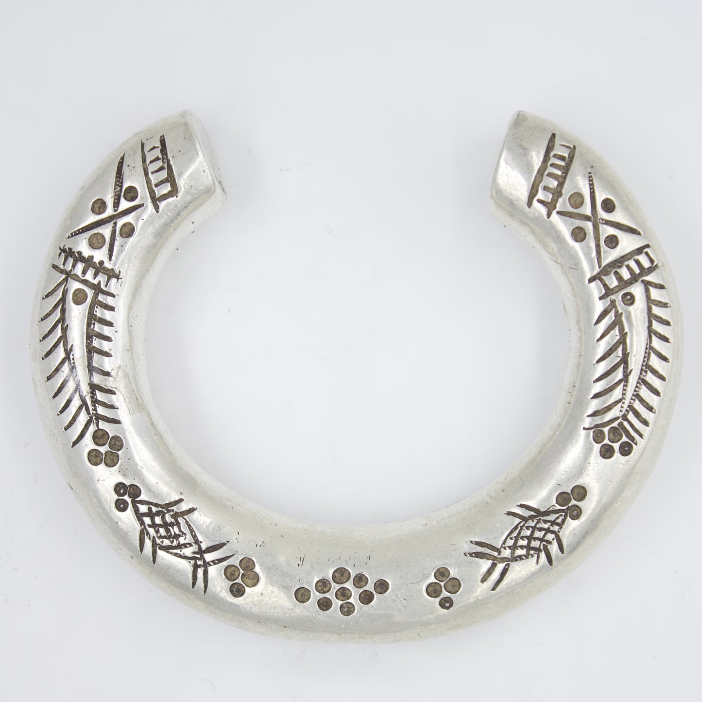 Antique Ethnic Tribal Hand Etched Nomadic Cuff Bracelet in Silver