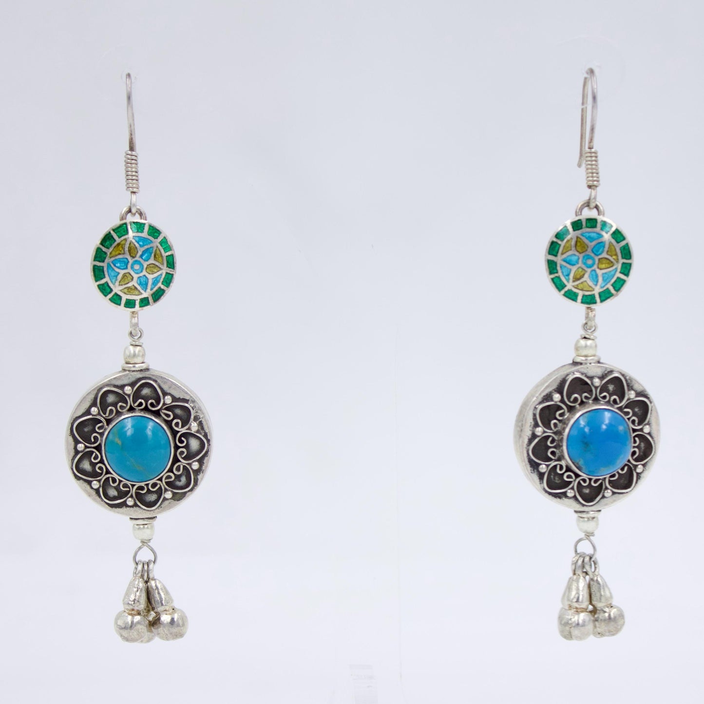 Handmade Enamel and Turquoise Floral Statement Drop Earrings in Sterling Silver