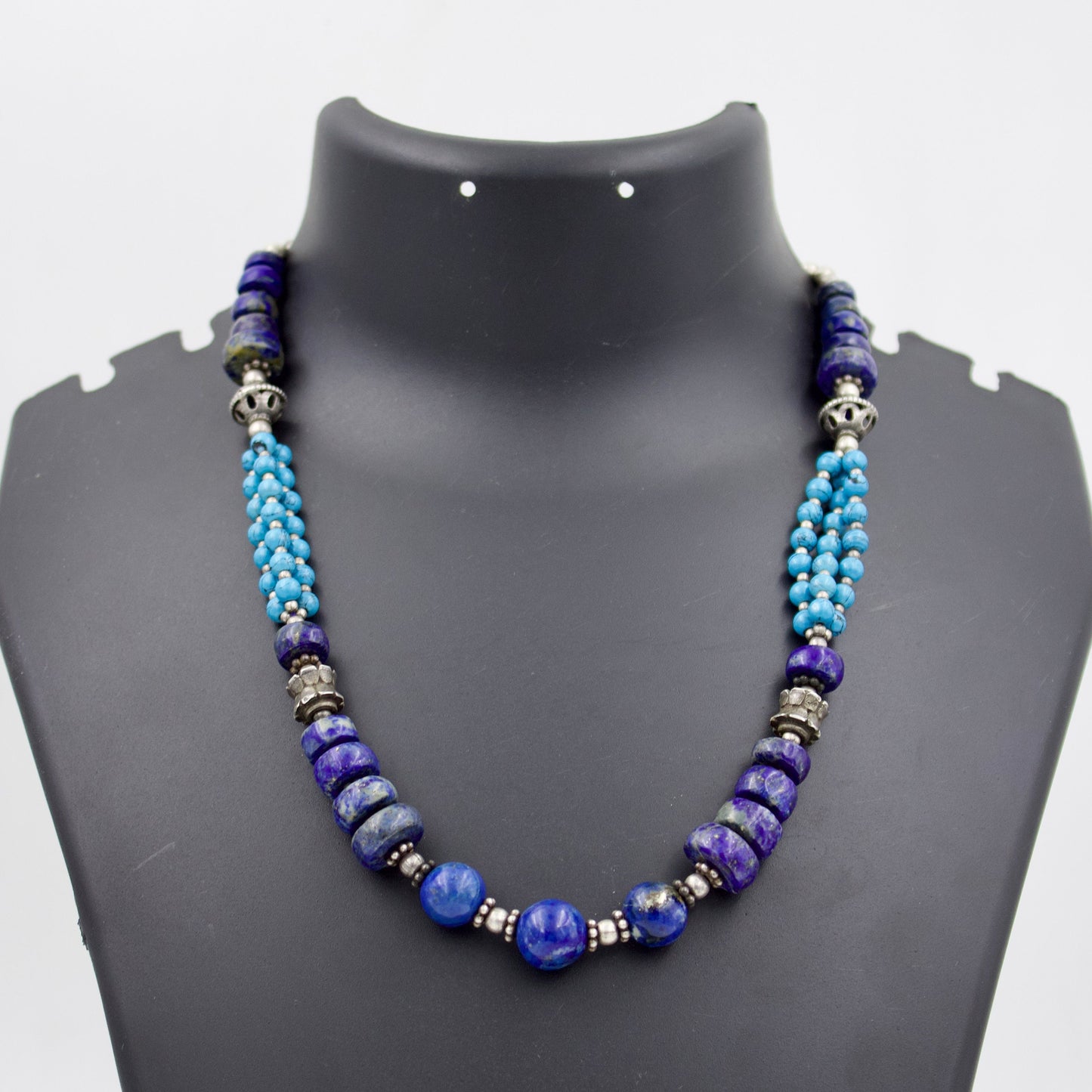 Vintage Lapis and Turquoise Beaded Statement Necklace in Sterling Silver
