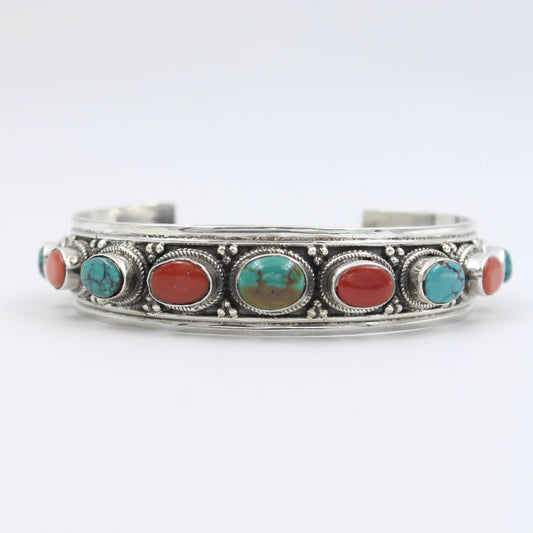 Vintage Natural Turquoise & Coral Cuff Bracelet in Sterling Silver