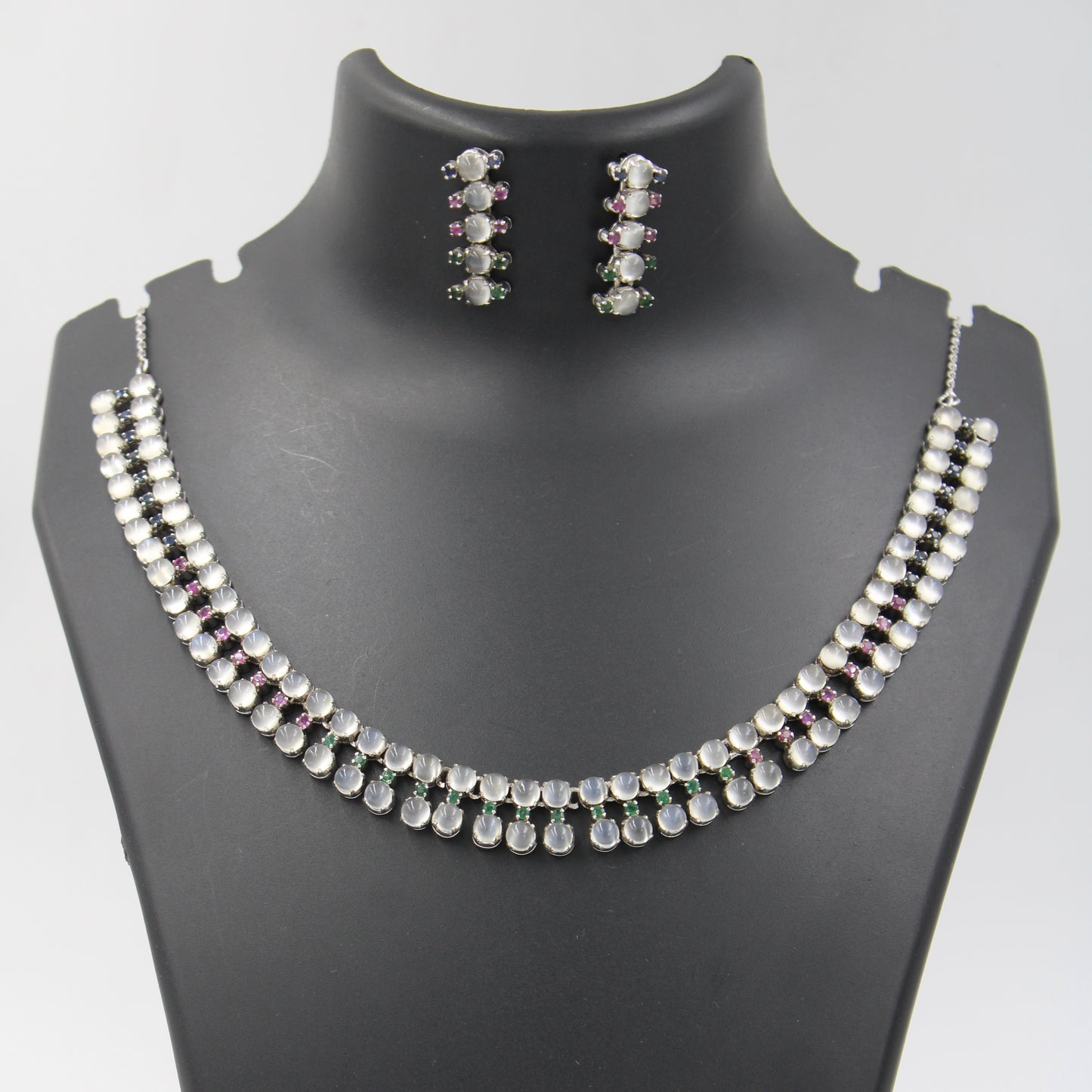 43.4 Ct AAA Natural Moonstone, Emerald, Pink & Blue Sapphire Silver Necklace, Earring & Ring Set
