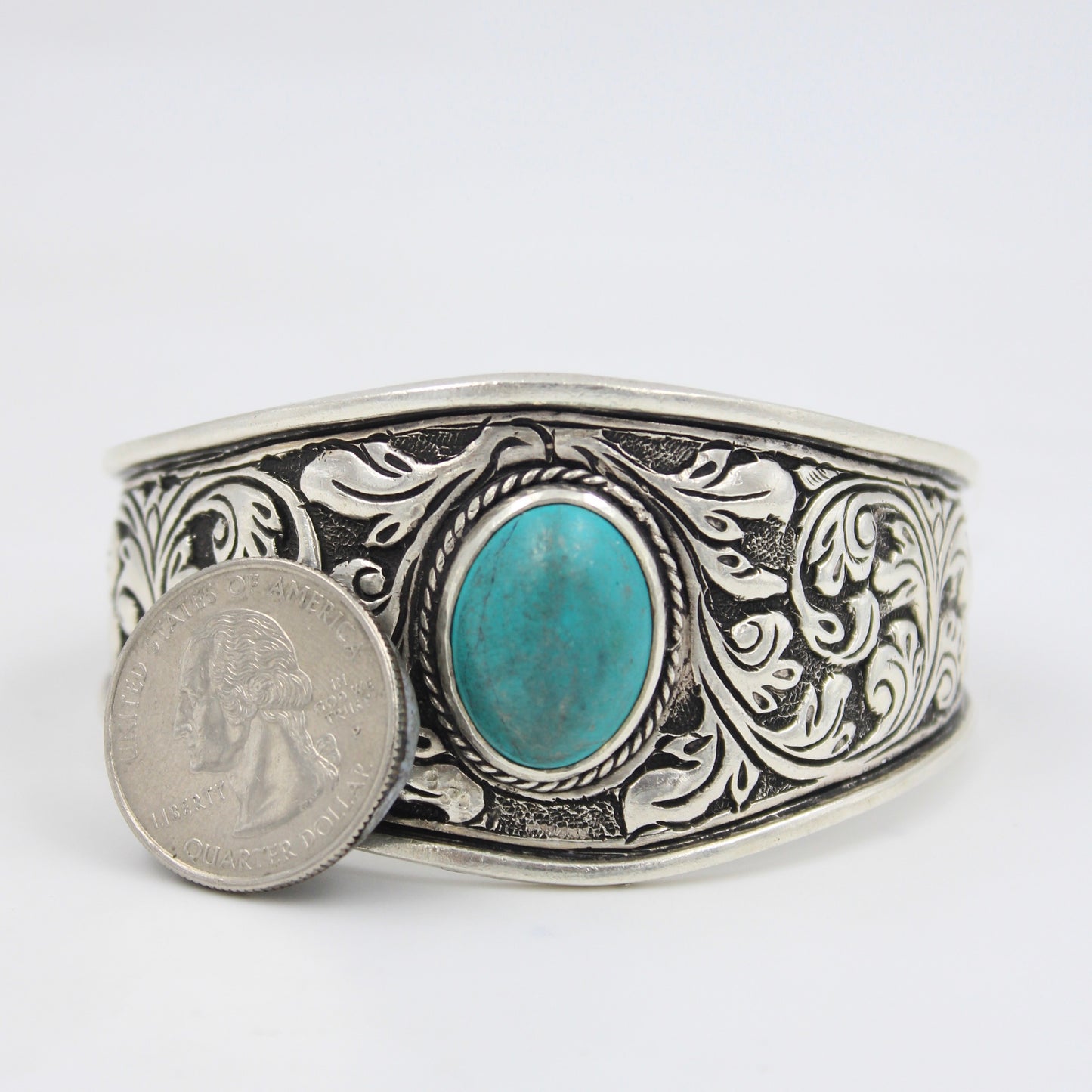 Vintage Hand Etched Chitai Work Turquoise Cuff Bracelet in Sterling Silver