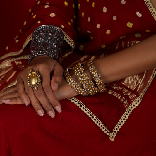 Handmade Indian Barmeri Work Gold and Silver Dual Toned Floral Statement Hinged Bangle Bracelet in Sterling Silver