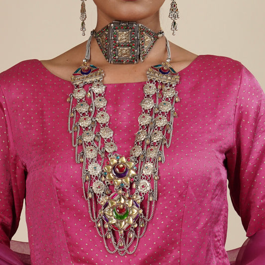 Vintage Indian Barmeri Tribal Long Colored Rhinestone Statement Necklace in Silver Circa 1930 Collection Piece