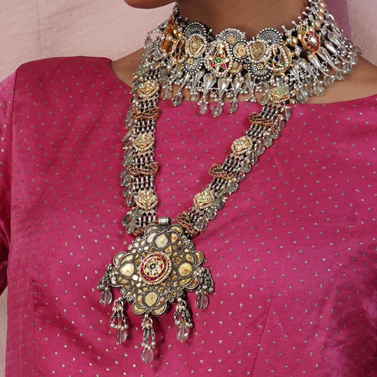 Antique Rajasthani Two Tone Indian Fusion Tribal Statement Long Necklace with Kundan Work in Sterling Silver