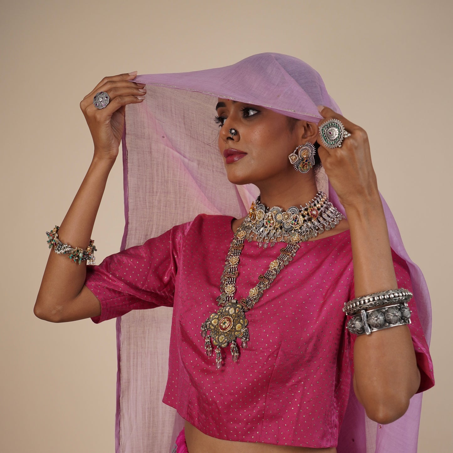 Antique Rajasthani Two Tone Indian Fusion Tribal Statement Long Necklace with Kundan Work in Sterling Silver