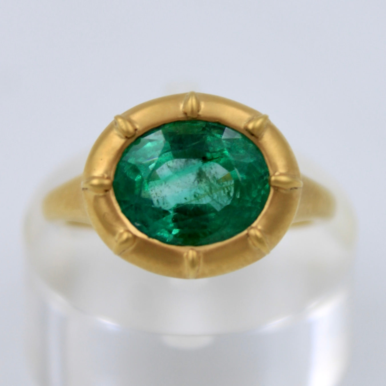 Natural 3.23 Ct Emerald East West Setting Button Back Ring in 18K Yellow Brushed Gold