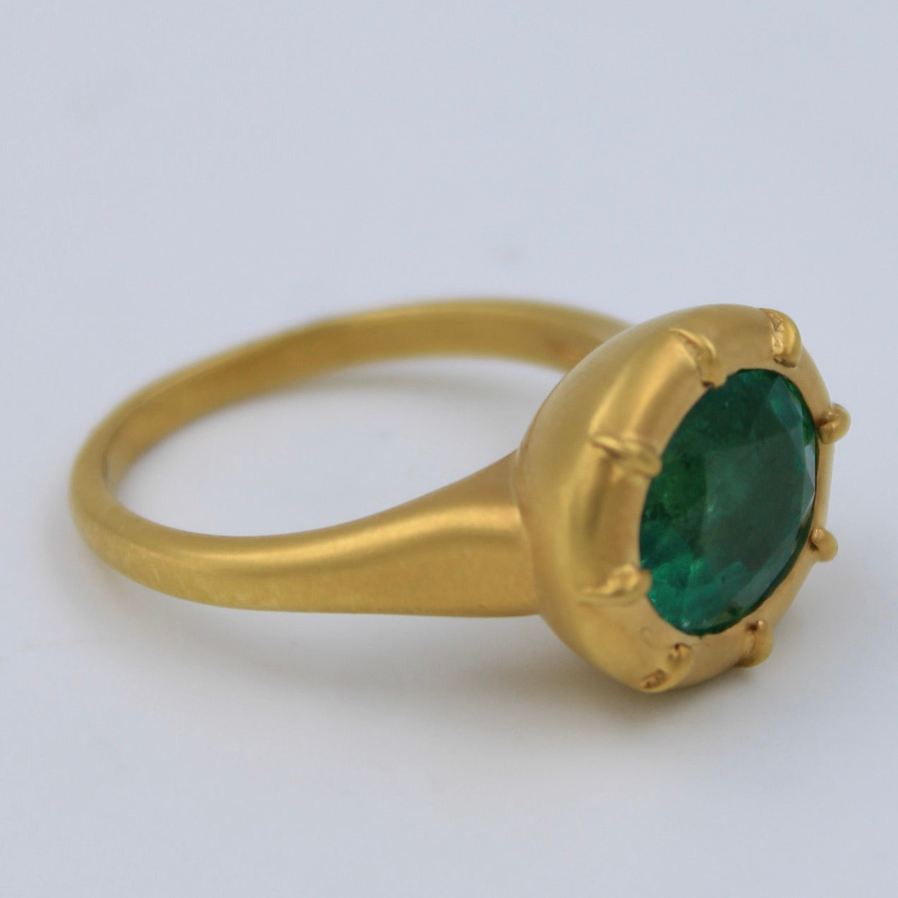 Natural 3.23 Ct Emerald East West Setting Button Back Ring in 18K Yellow Brushed Gold