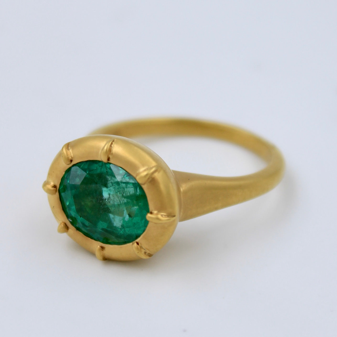 Natural 3.23 Ct Emerald East West Setting Button Back Ring in 18K Yellow Brushed Gold